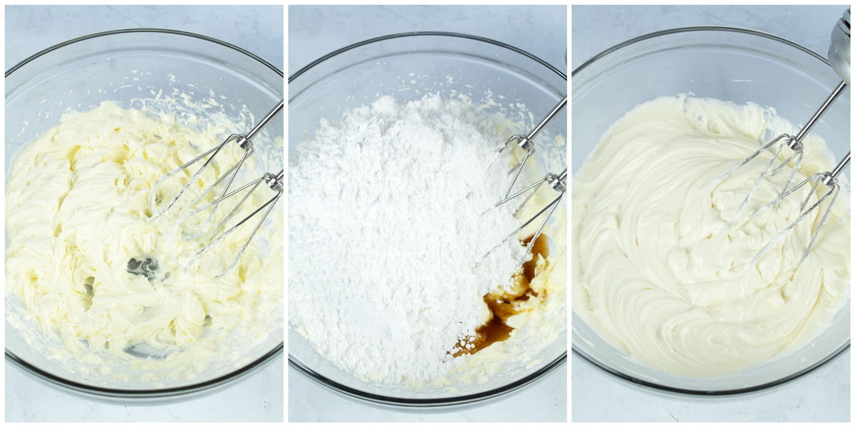 Three steps in making lightened cream cheese frosting.