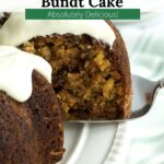 Hummingbird Carrot Bundt Cake on a serving plate with graphic overlay.