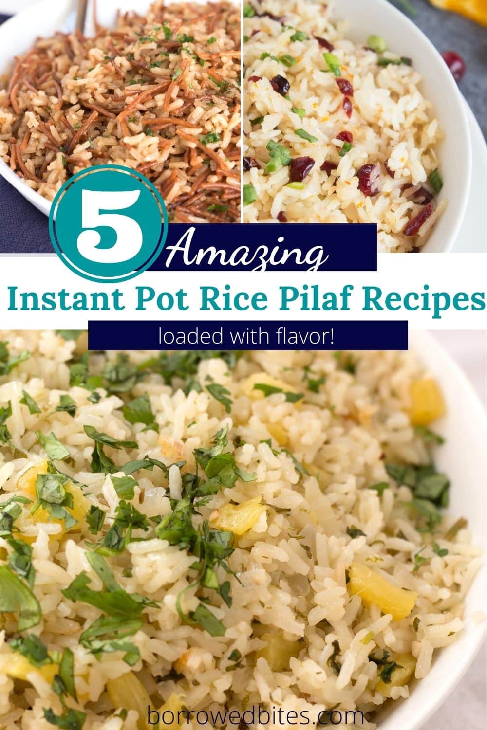 A graphic over three pictures of flavored rice pilaf dishes.