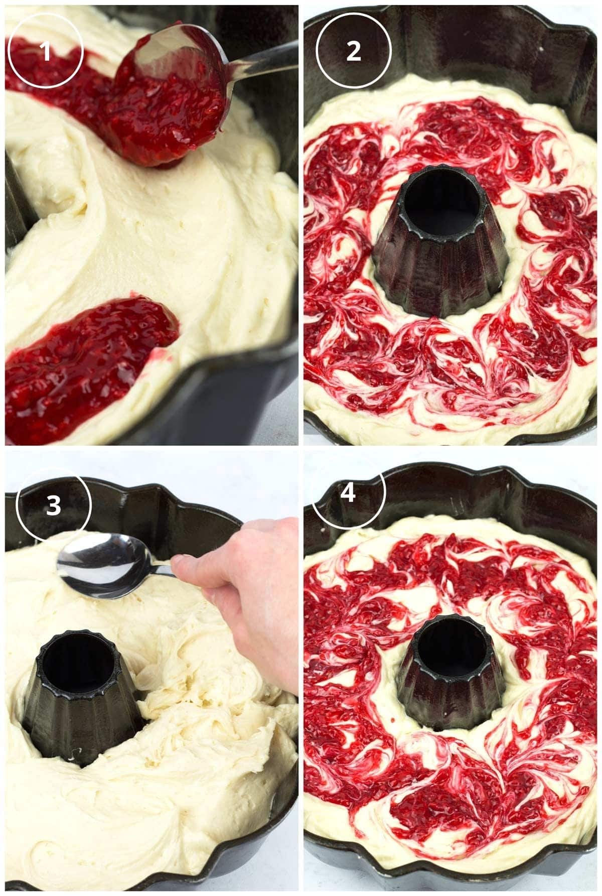 Process for swirling raspberry filling into the bundt cake batter.
