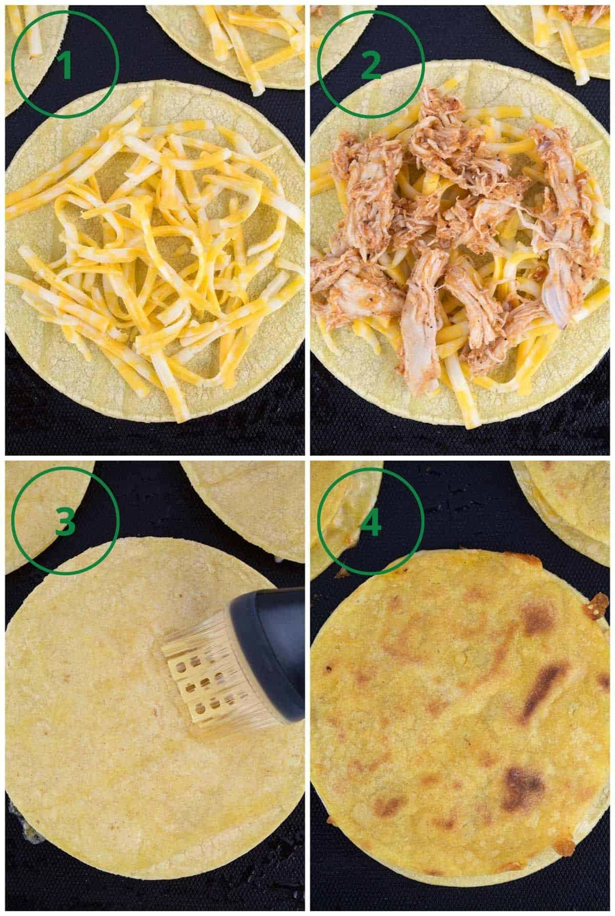 Step-by-step instructions for assembling corn tortilla quesadillas with cheese and leftover taco meat.