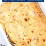 Make-ahead Scalloped Potatoes in baking dish with graphic overlay.