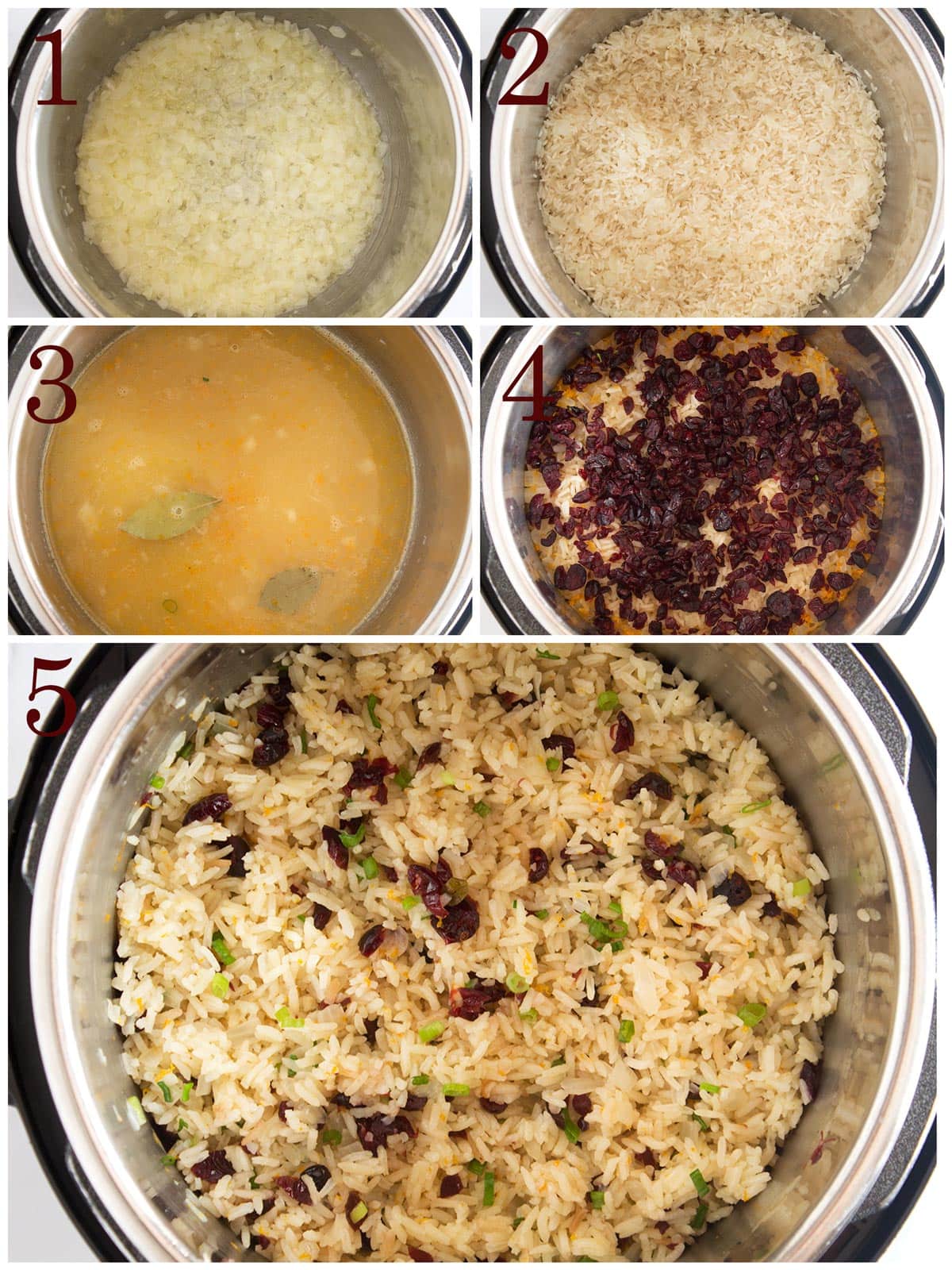 Five steps showing how to make orange rice in an instant pot.