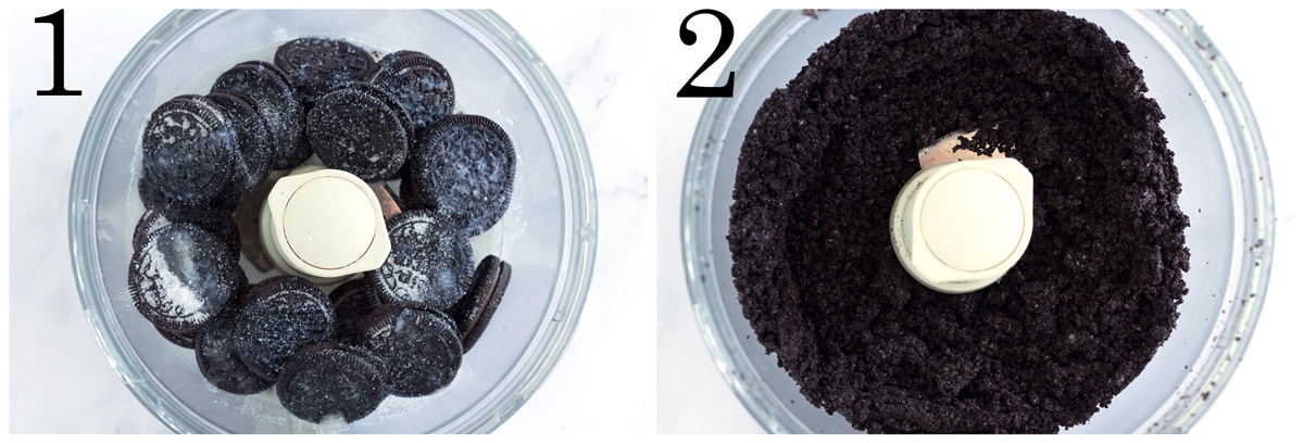 Oreo crust in food processor before and after blending.