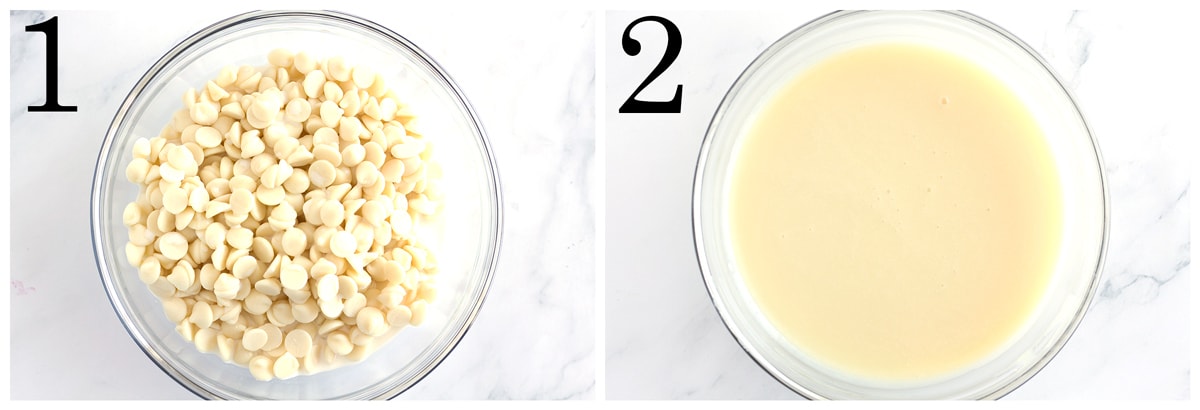 White chocolate chips before and after melting.