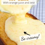 Pouring orange glaze onto loaf cake with text overlay.