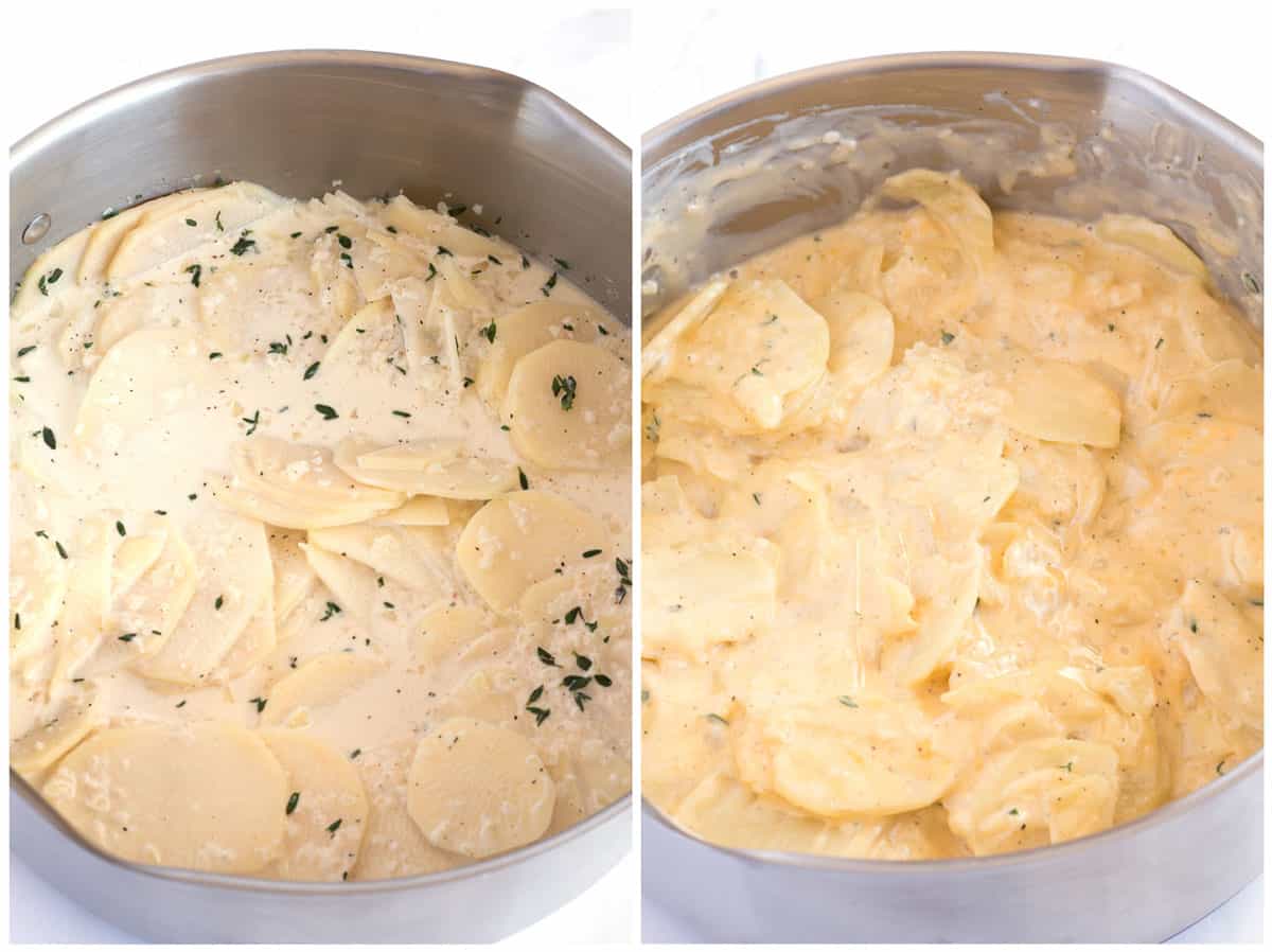Potatoes cooking in cream, onion, and herbs.