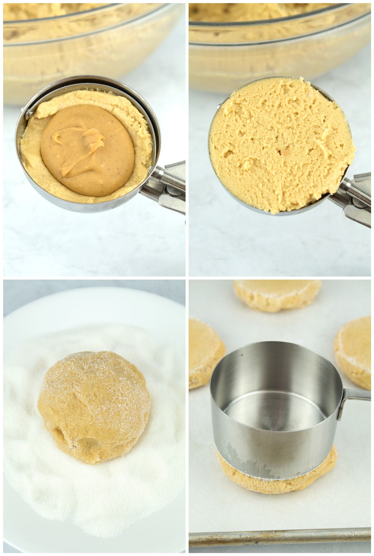 Step-by-step photos showing how to scoop and fill the peanut butter cookies.