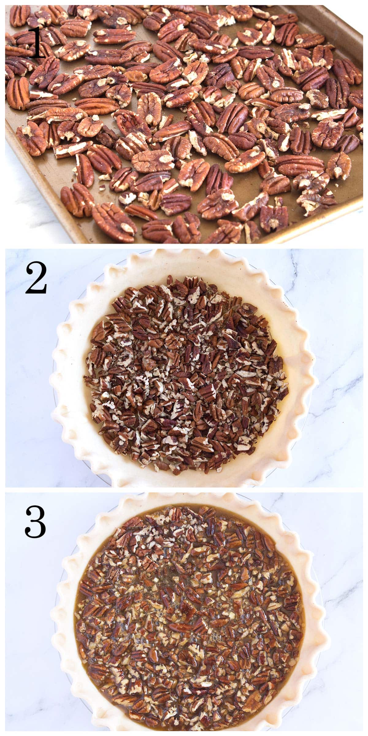 Picture of toasted pecans on cookie sheet, chopped pecans in pie crust, and pie filling poured into crust.