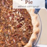 Side of chopped pecan pie with text overlay.