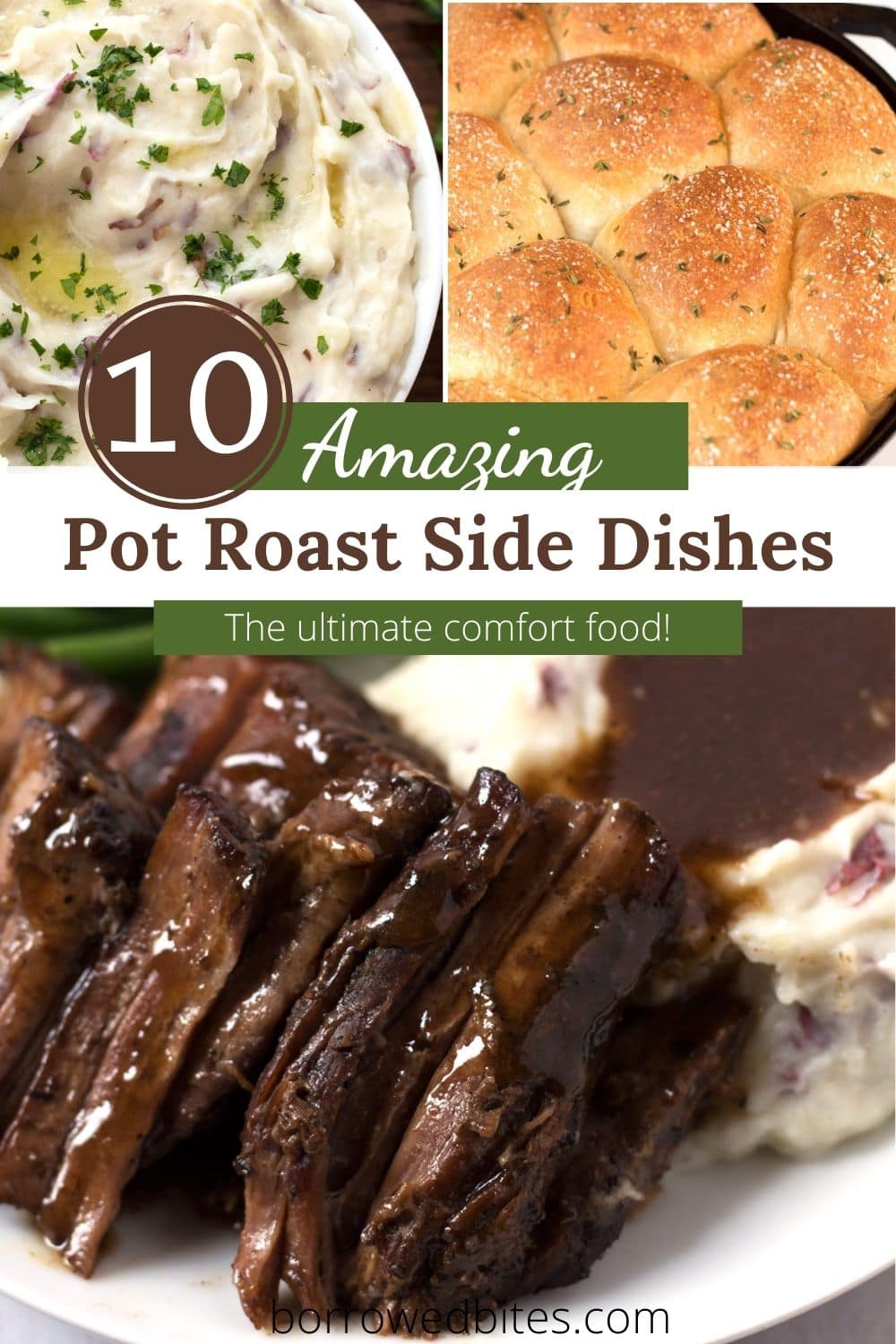 Collage of pictures of pot roast, dinner rolls, and mashed potatoes with text overlay.