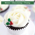 Christmas chocolate cupcake on white stand with text overlay.