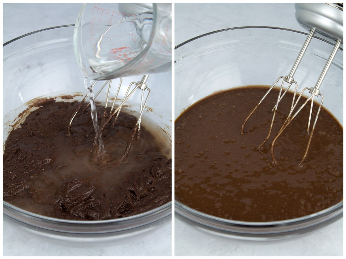 Pouring hot water into batter, then batter fully combined.