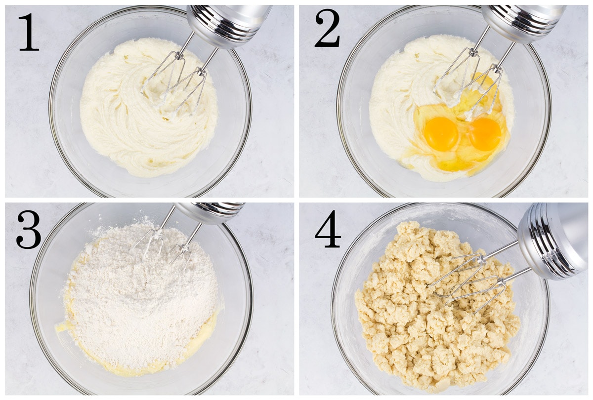 Four steps for making Crumbl cookie copycat recipe in glass bowl.