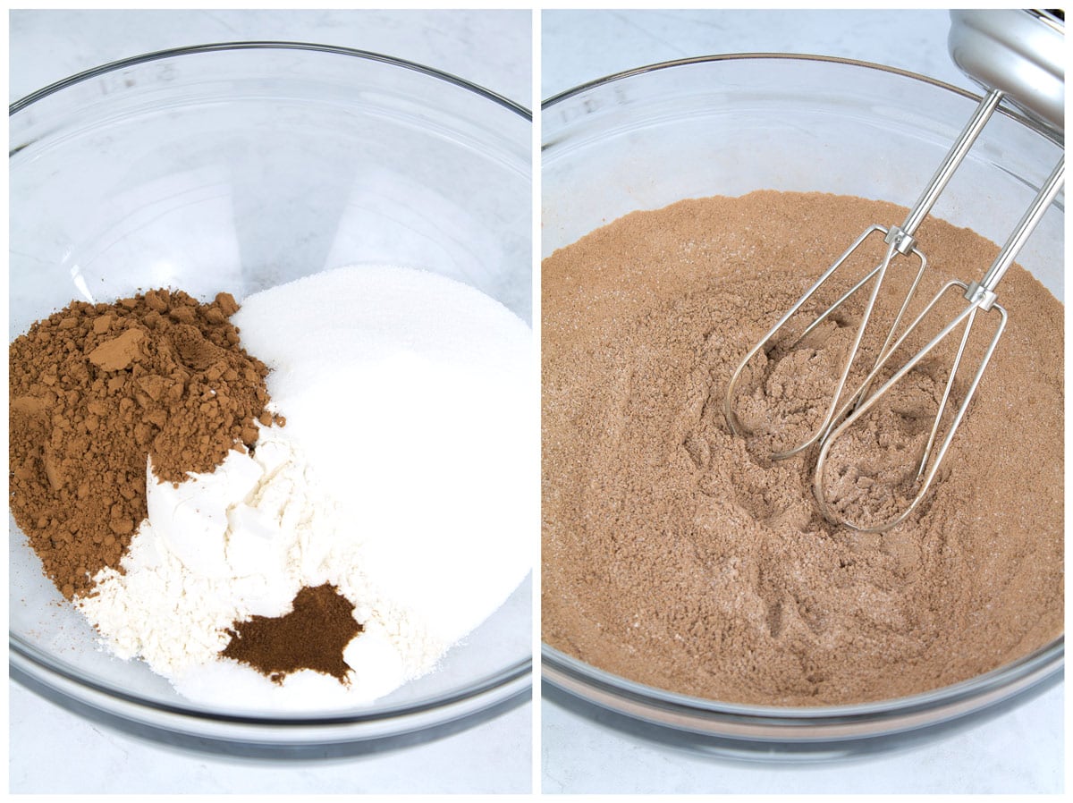 Dry ingredients in a glass bowl before mixing and after mixing.
