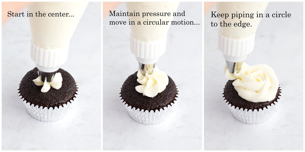 Piping a vanilla rosette on a chocolate cupcake in three steps with text overlay to explain instructions.