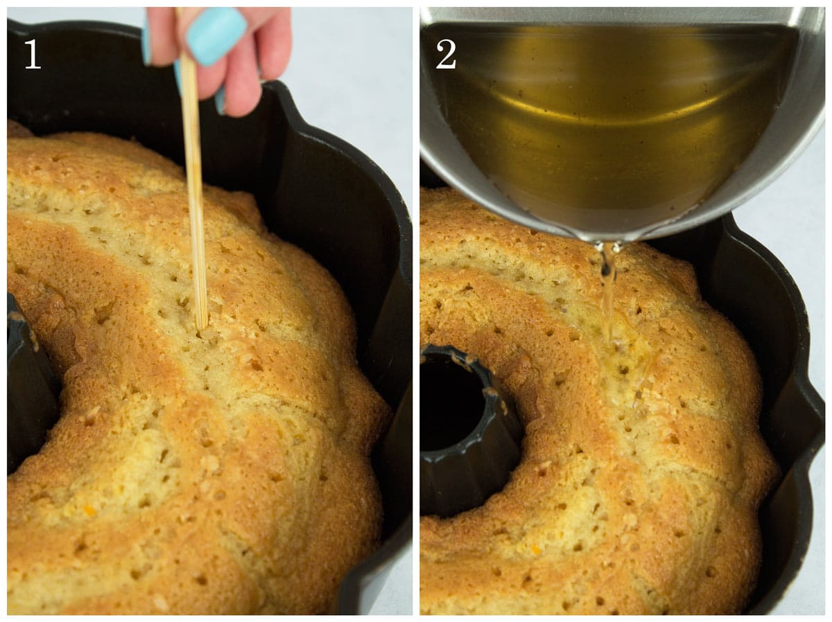 Poking holes in the bundt cake and then pouring on the syrup.