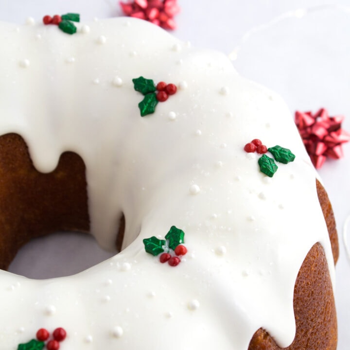 Holly and berry decorated Christmas Bundt cake.