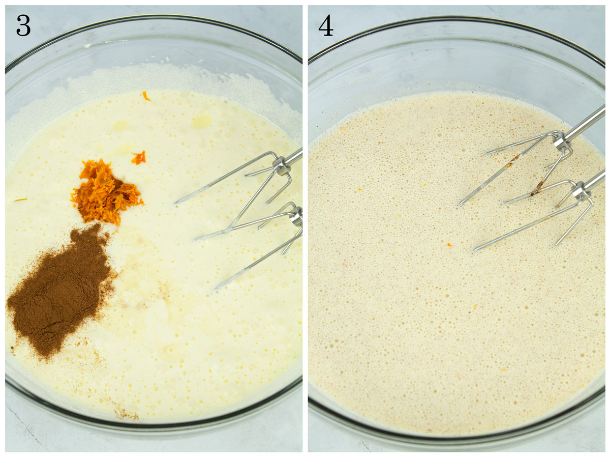 Adding in the cinnamon and orange zest to the cake batter.