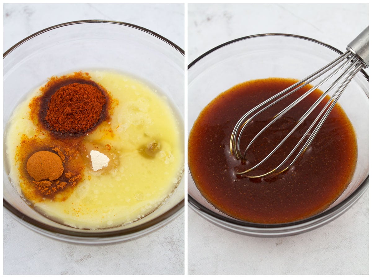 Before and after combining hot honey sauce ingredients.