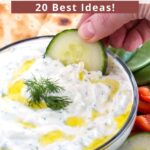 Dipping cucumber in yogurt dip with text overlay.