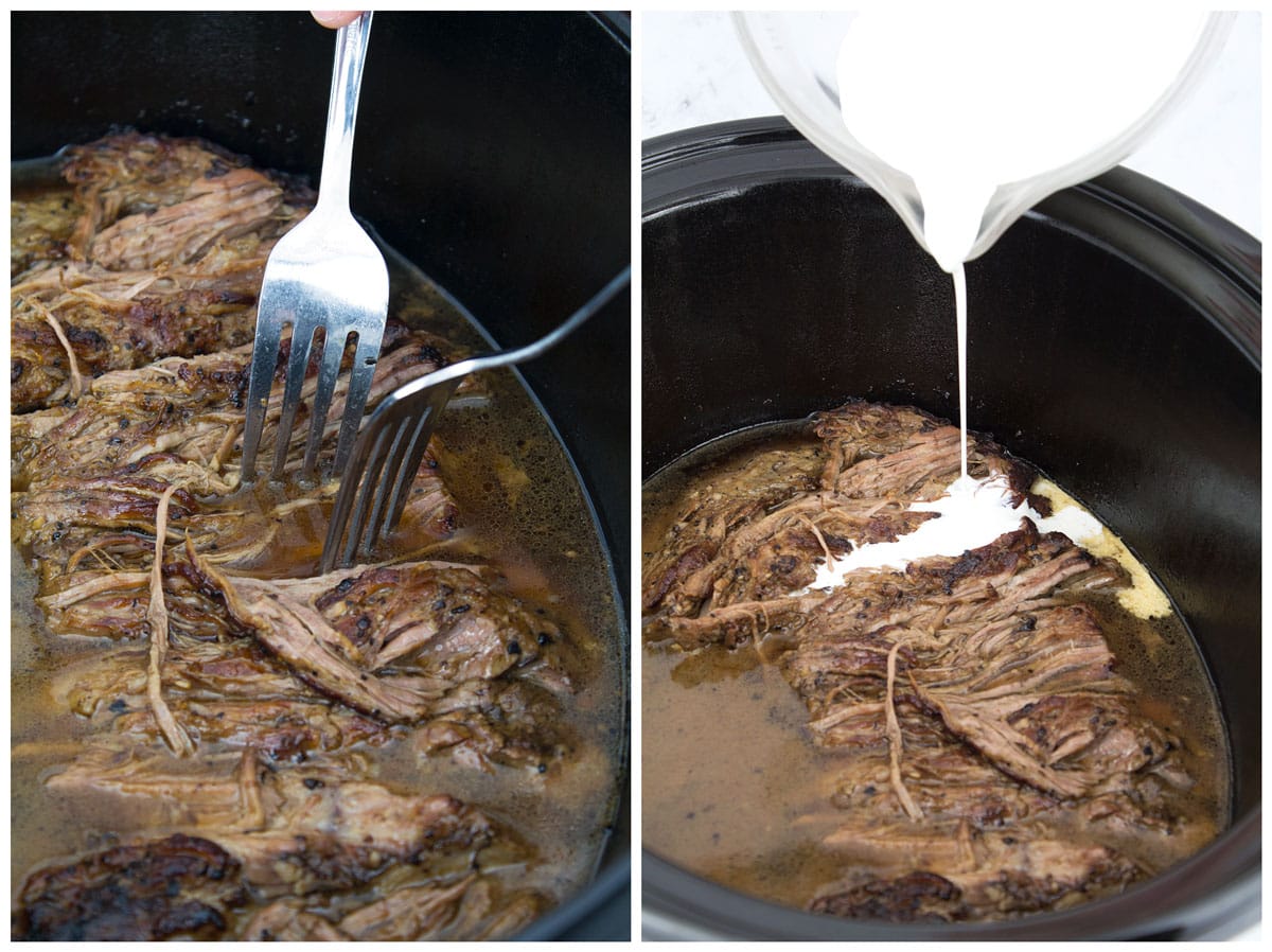Forks shredding tri-tip (picture 1) and pouring cream into slow cooker (picture 2).
