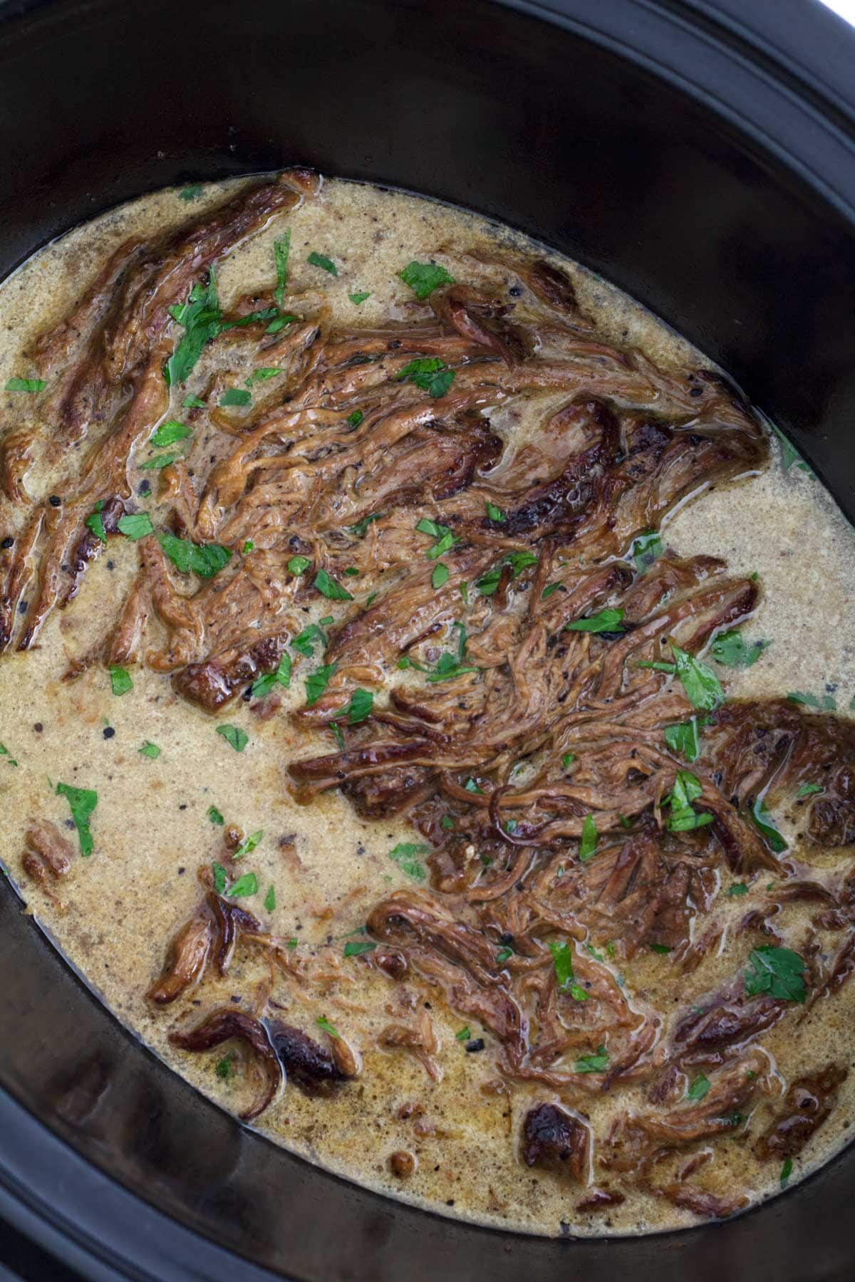 Overhead Crock Pot with slow cooked tri-tip pot roast.