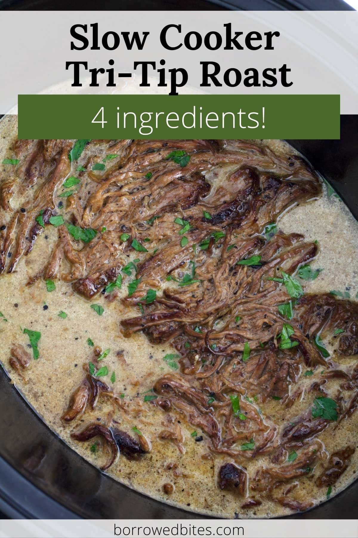 Crock Pot with shredded tri-tip beef roast and gravy.