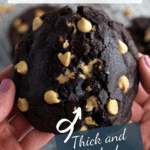 Hand holding melty chocolate cookie with text overlay on top.