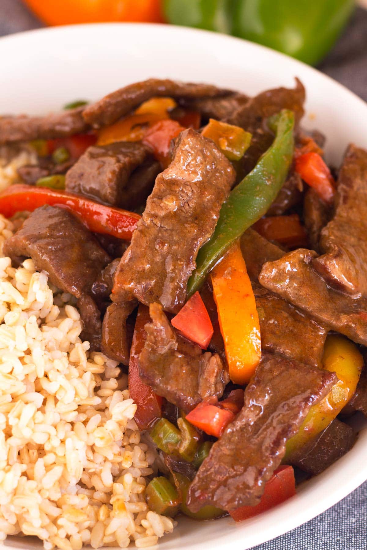 Tender pieces of pepper steak served over rice.