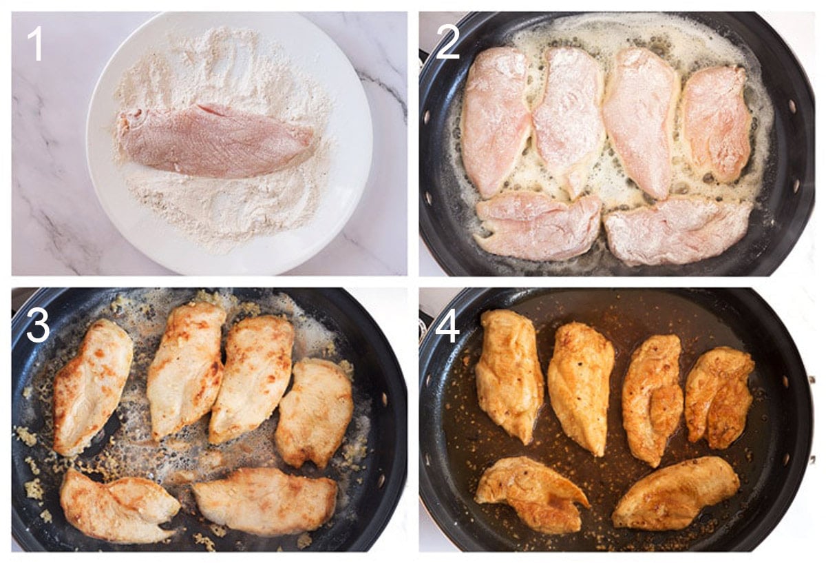 Chicken coated in flour (picture 1), chicken cooking in electric skillet (picture 2), flipped chicken (picture 3), and chicken finished with sauce (picture 4).