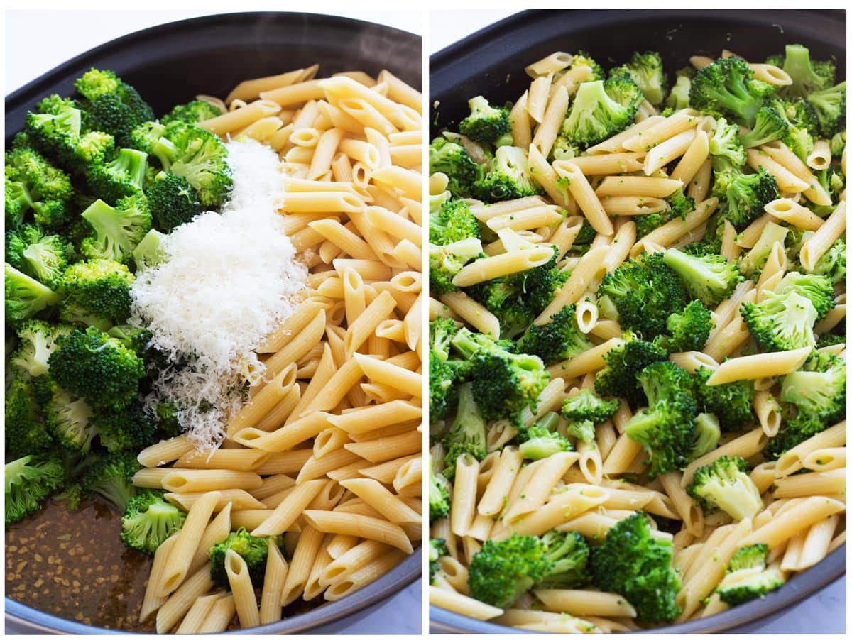 Cooked pasta ingredients in a skillet before mixing (picture 1) and after mixing (picture 2).