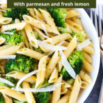 Overhead of lemon broccoli pasta in a white bowl with text overlay.