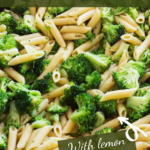 Pasta with broccoli in an electric skillet with text overlay.