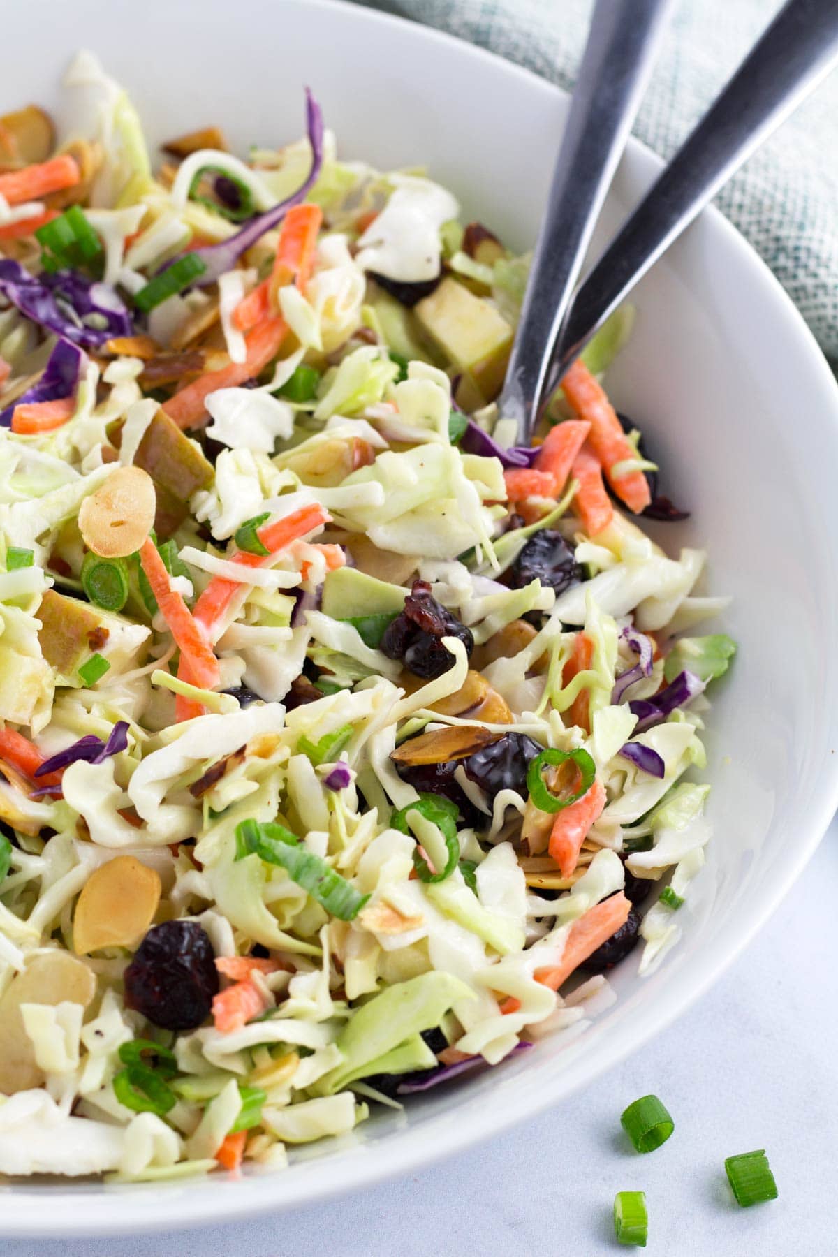 Sweet and tart apples in coleslaw and tossed with a no mayo dressing.