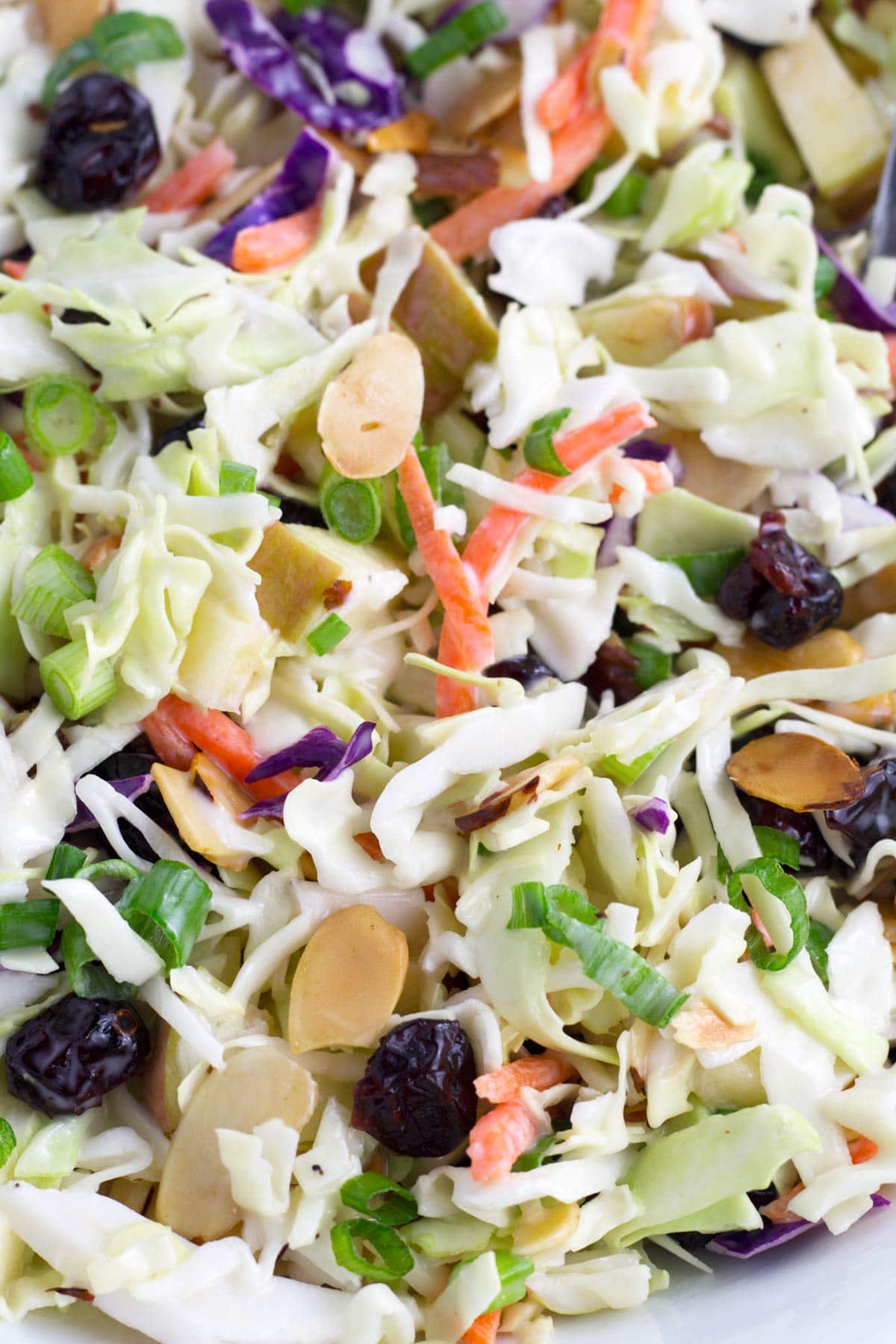 Up close view of coleslaw with apples tossed in apple vinaigrette.