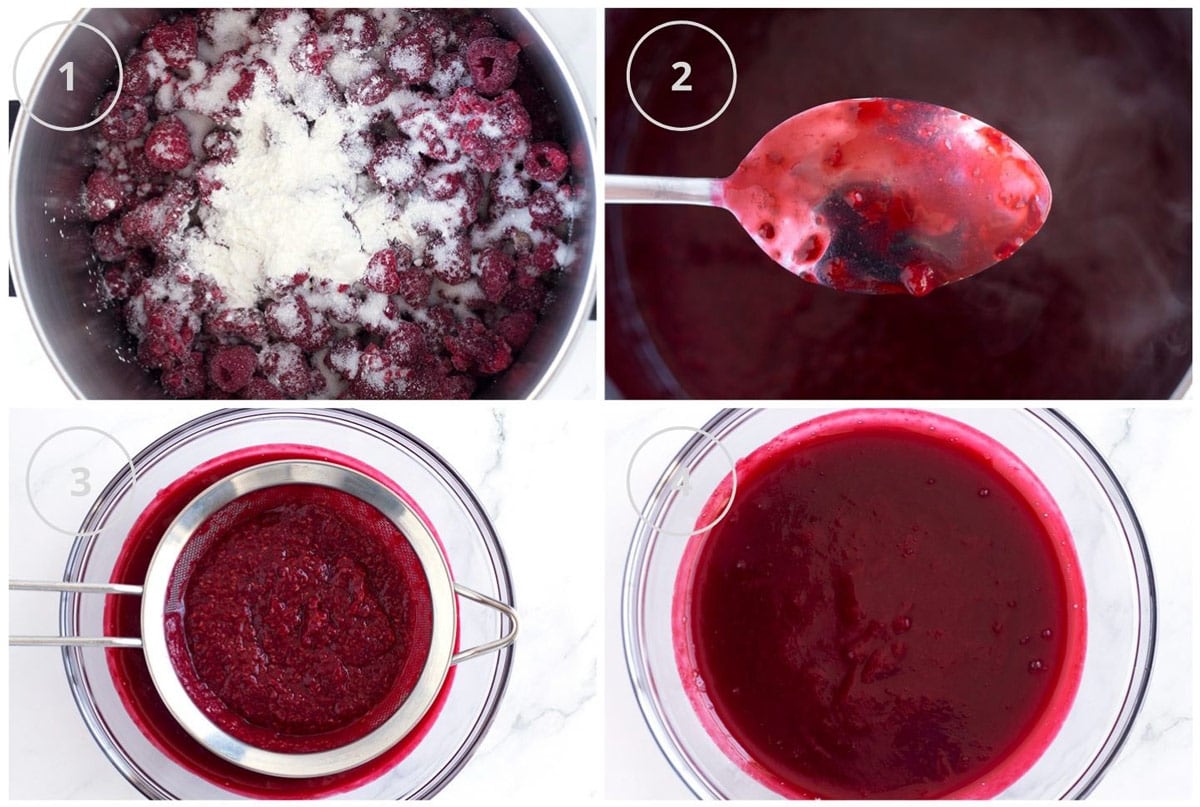 Step-by-step process for making the raspberry sauce before turning it into glaze.