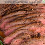 Platter of rosemary and sliced tri-tip with graphic overlay.