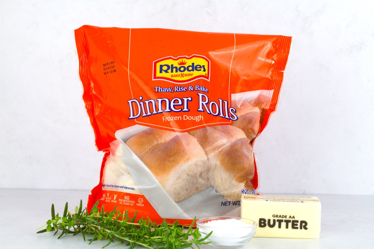 Ingredients for baking Rhodes frozen rolls on counter.