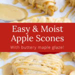 Apple scones on parchment paper with glaze drizzles, apple slices in background, and text overlay.
