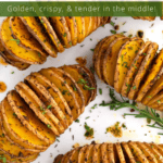 Overhead accordian potatoes on white platter with text overlay.