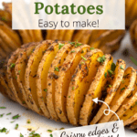 Close up of sliced baked potato with fresh herbs and text overlay.