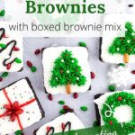 Holiday brownies on parchment paper with scattered sprinkles and text overlay.