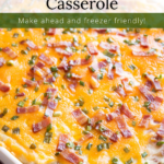 White casserole dish with loaded baked potato bake and text overlay.