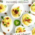 Deviled eggs topped with spicy jalapenos and candied bacon on a platter with graphic overlay.