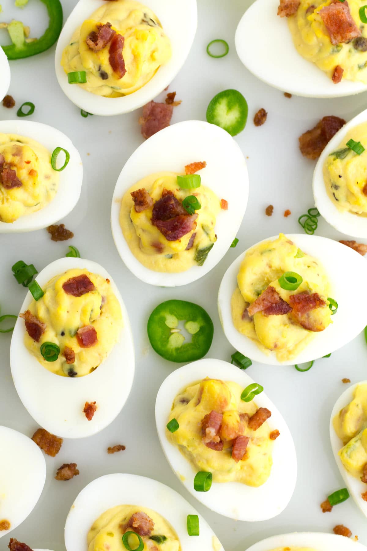 Platter filled with spicy deviled eggs.