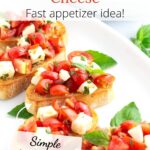 Five prepared bruschetta slices on a white tray with text overlay on the photo.