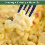 Graphic overlay on fork filled with make ahead macaroni and cheese.