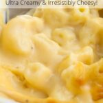 Creamy and cheesy baked macaroni and cheese with graphic overlay.