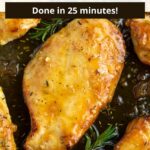 Apricot chicken breast in black skillet with text overlay on the top of the image.